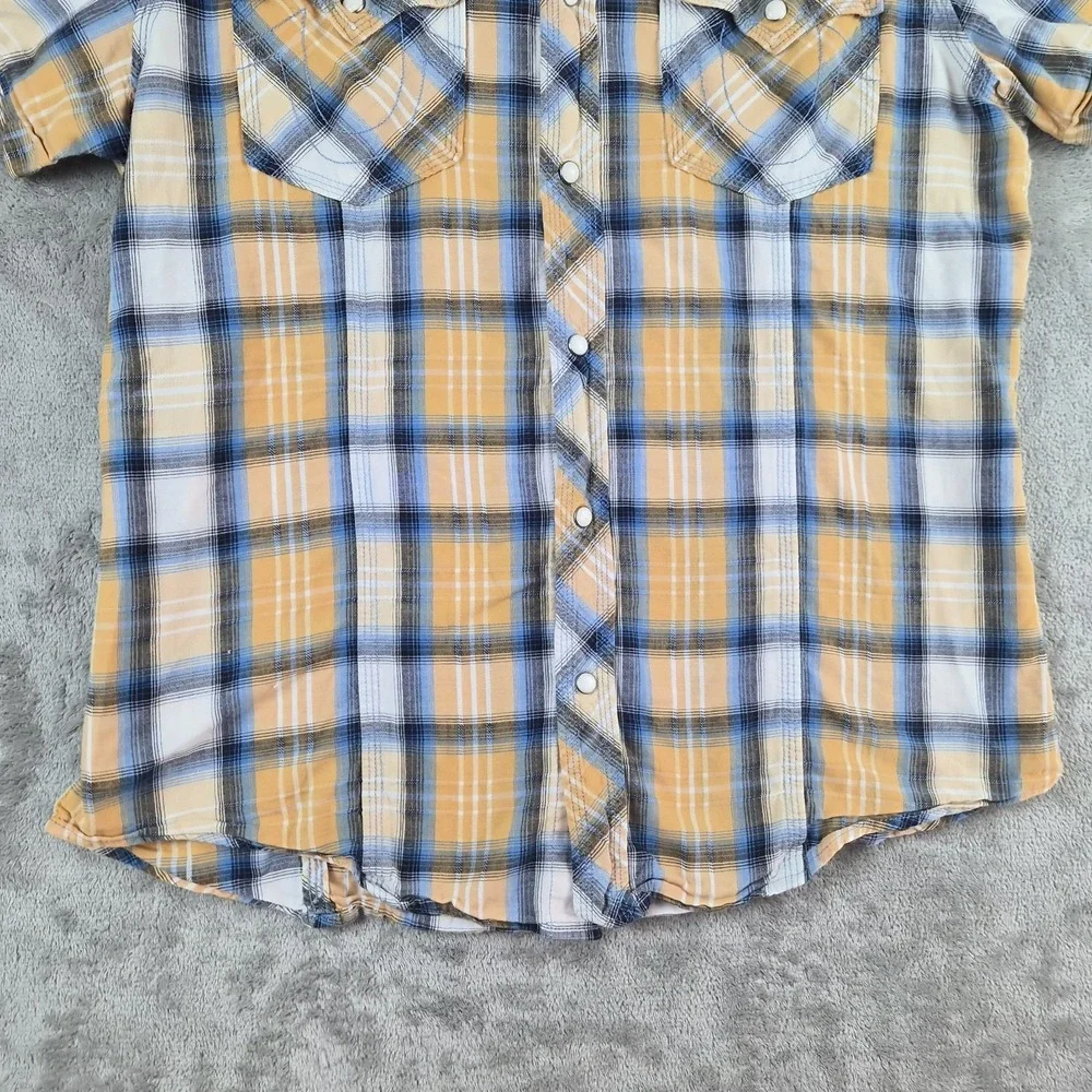 True Religion Rocky Western Shirt Men Large Yellow Blue Plaid Pearl Snap Cotton